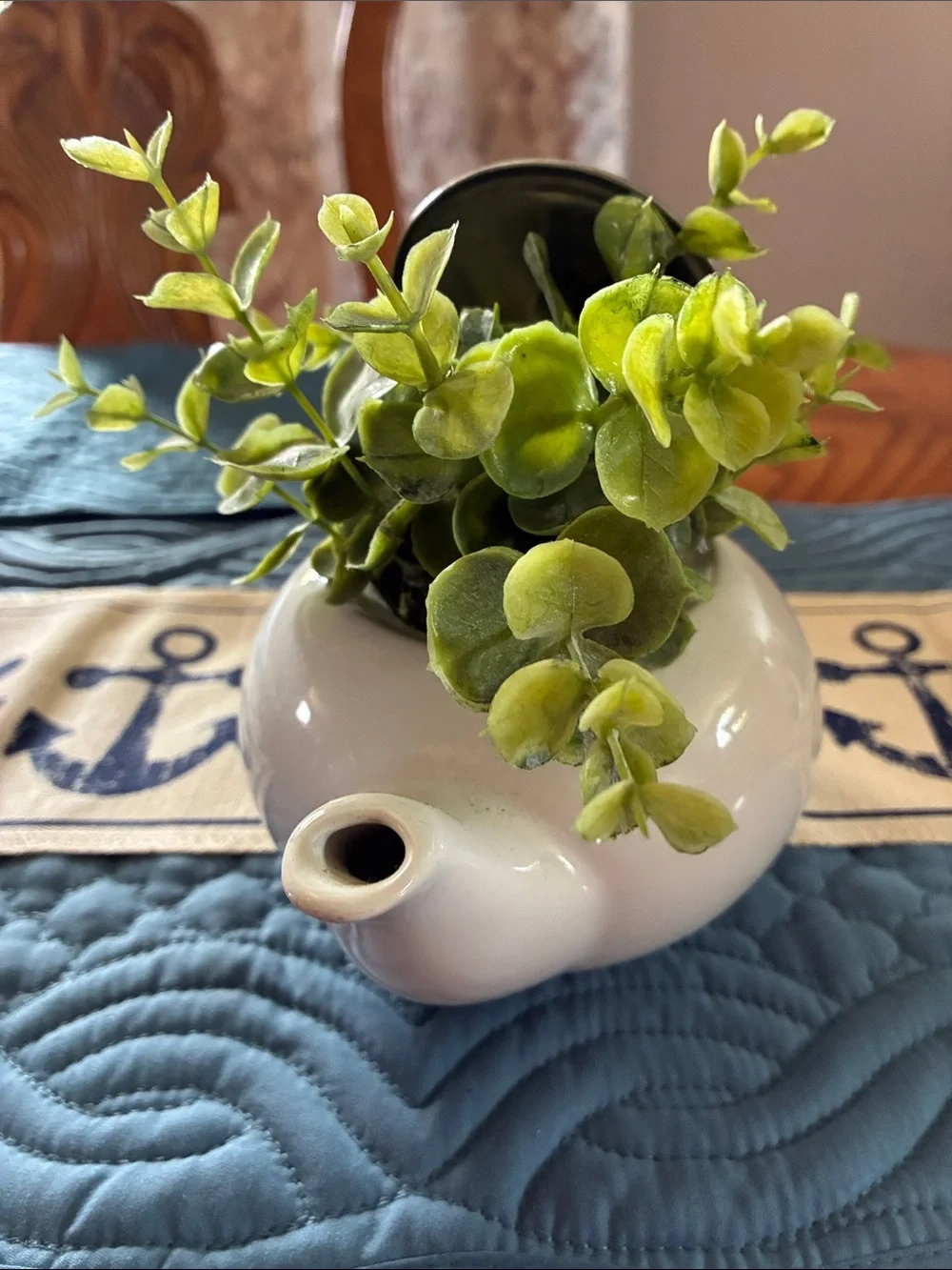 White Ceramic Teapot Planter with Green Faux Eucalyptus